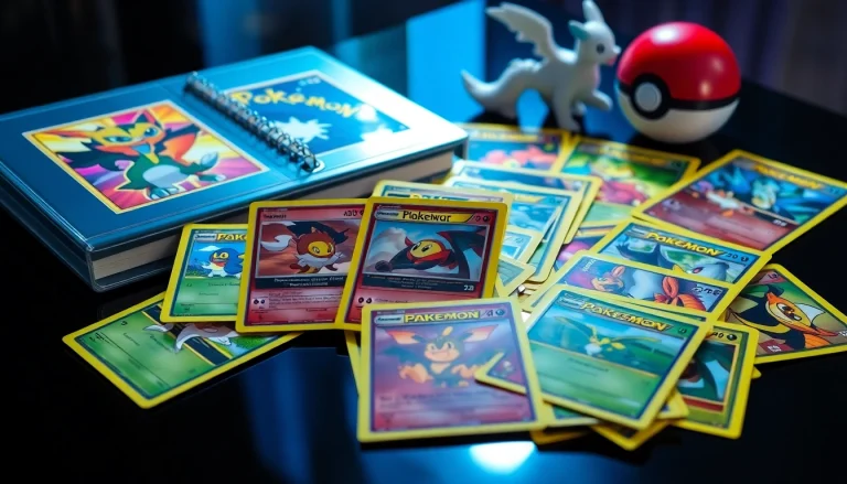 Explore a vibrant display of real pokemon cards india featured on an elegant black table, highlighting their vivid artwork and collectibles.