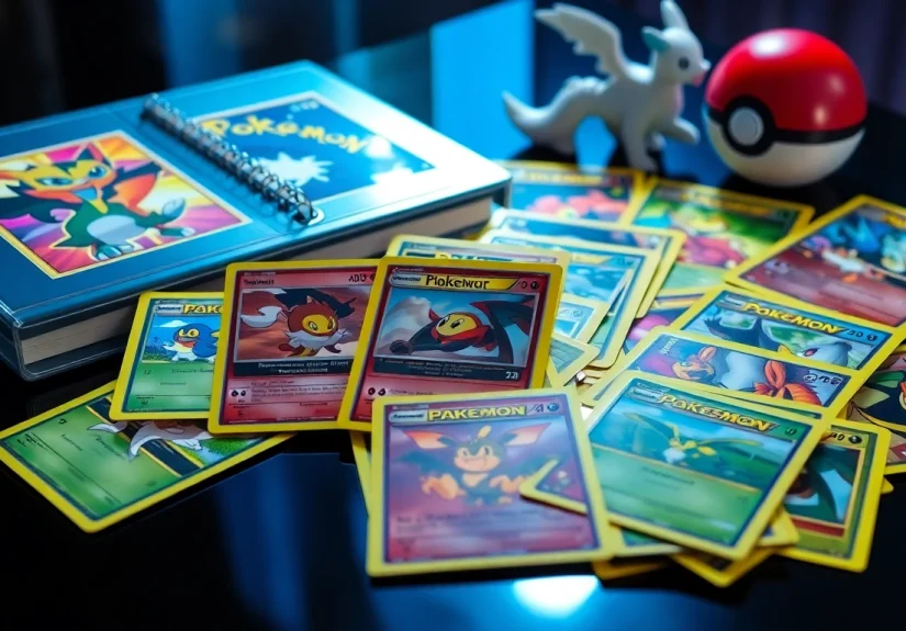 Explore a vibrant display of real pokemon cards india featured on an elegant black table, highlighting their vivid artwork and collectibles.